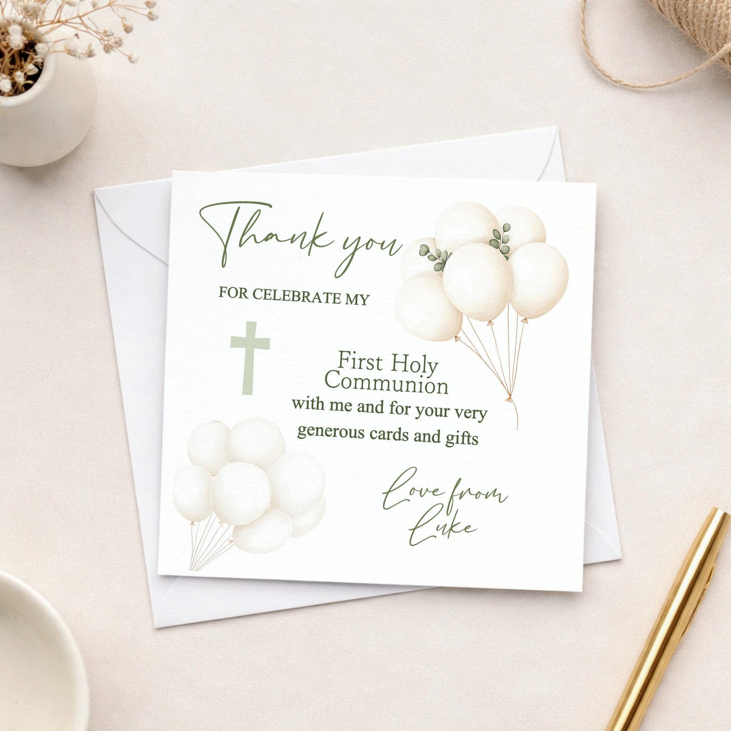 Personalised Holy Communion Thank You Cards, Balloon Design, Includes Envelopes