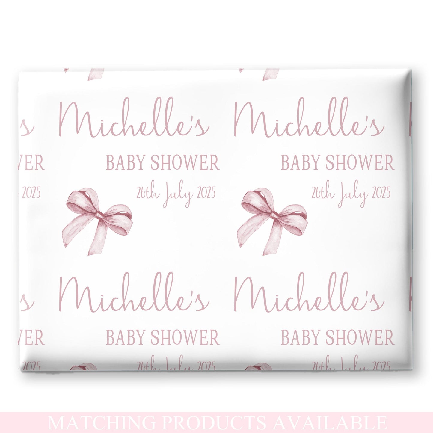 Personalised Baby Shower, New Baby Gift Wrapping Paper Custom Name & Date Watercolour Dusky Pink Bow Design