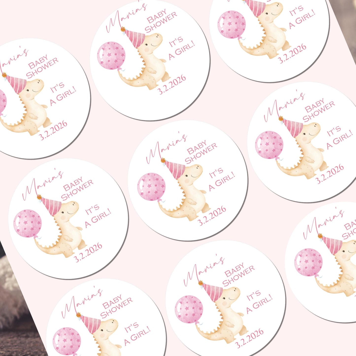 Personalised Baby Shower Stickers for Favours Party Bags Watercolour Dinosaur