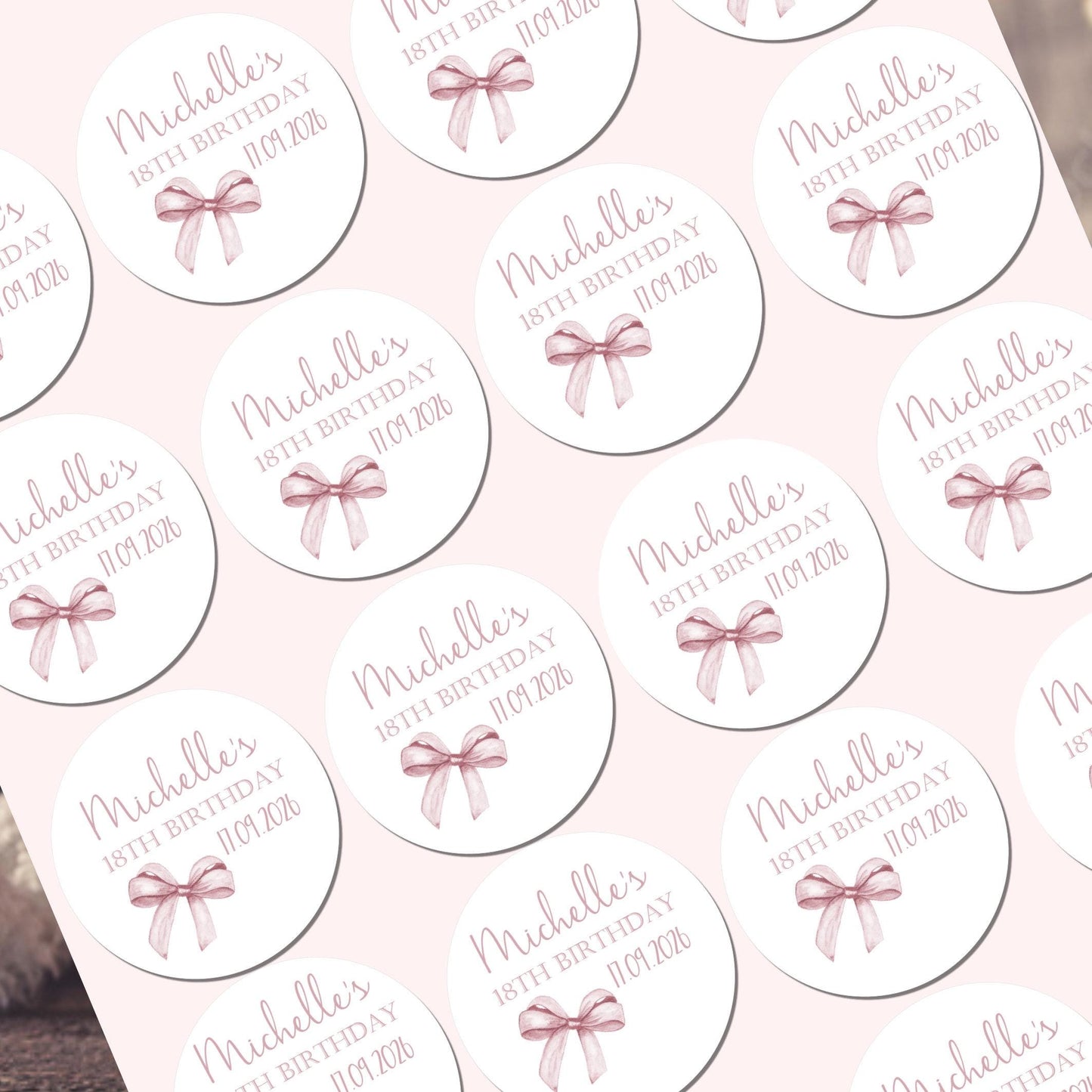 Personalised Birthday Stickers for Favours Party Bags Watercolour bow 16th 18th 21st Any Age