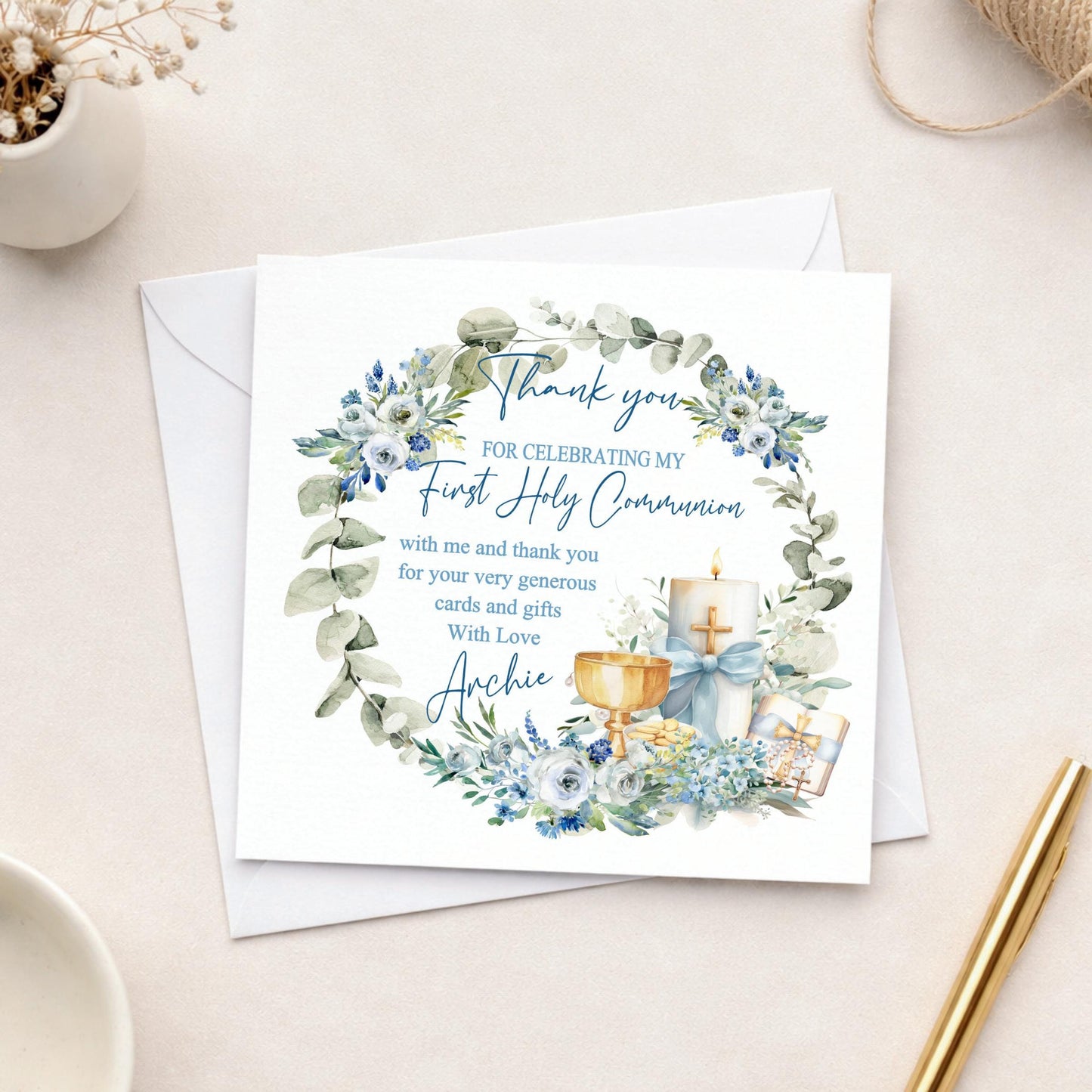 Personalised Holy Communion Thank You Cards, Chalice design, Includes Envelopes