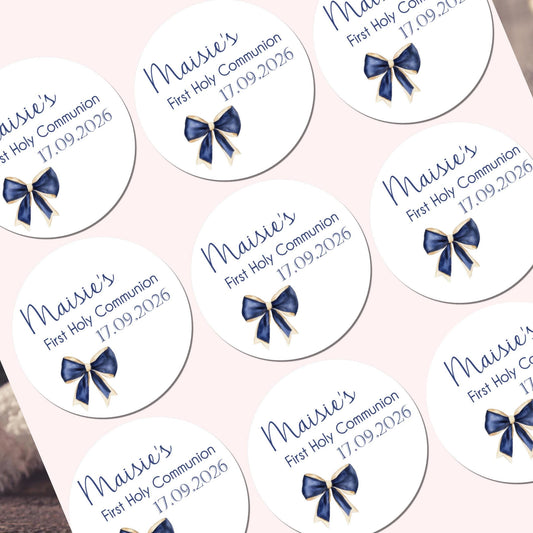 Personalized First Holy Communion Stickers, Navy Bow Party Favors, Confirmation stickers