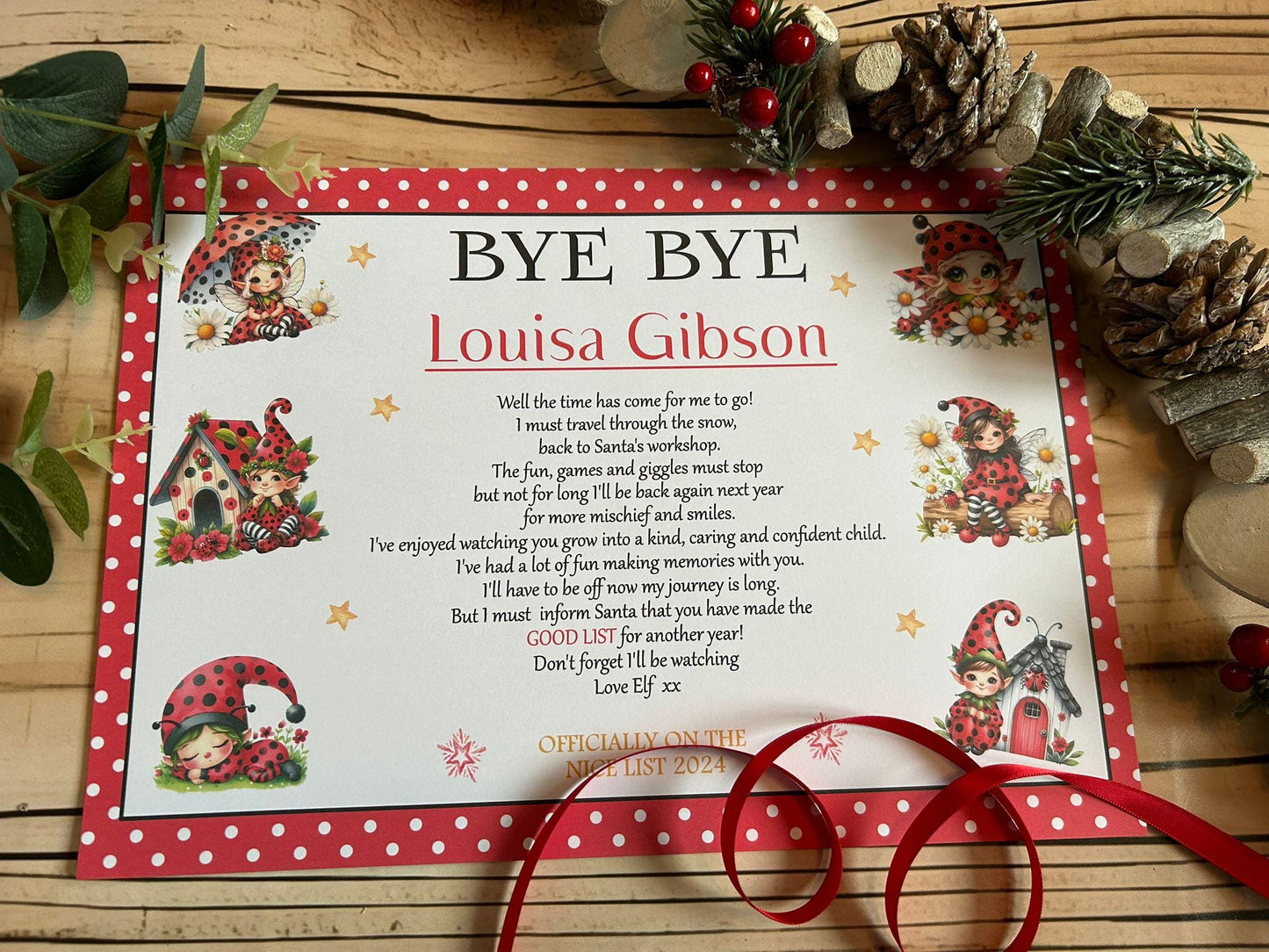 Personalised A4 Elf I'm Back letter Elf Goodbye nice list certificate christmas eve box filler Santas Good List Elf Mischief