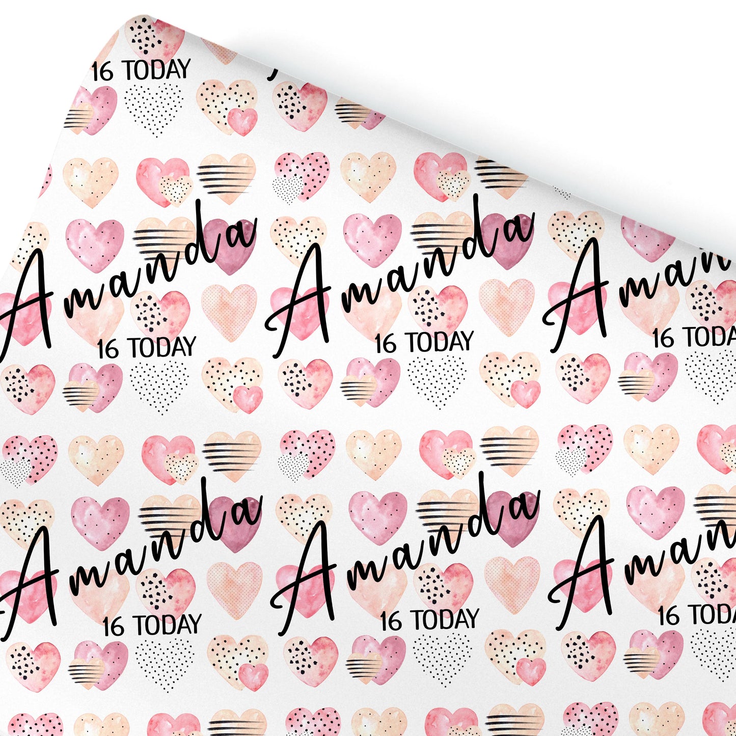 Personalised Gift Wrapping Paper,  Custom Name Age Pink Hearts