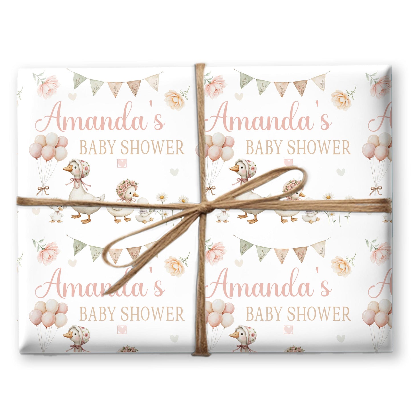 Personalised Baby Shower, New Baby Gift Wrapping Paper Custom Name & Date Watercolour Ducks Design