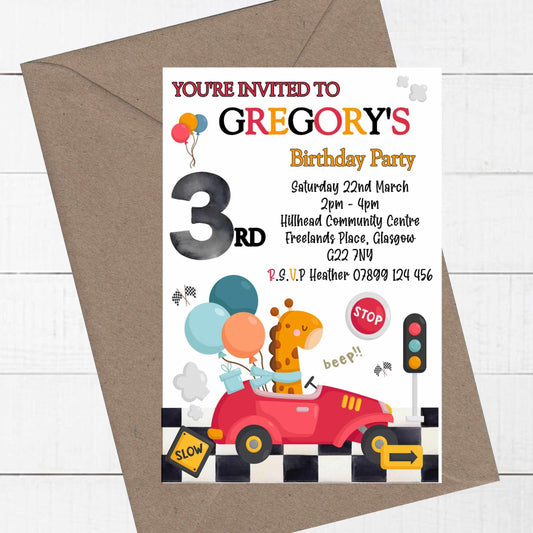 10 Printed Personalised Birthday Party Fun Giraffe Car Design