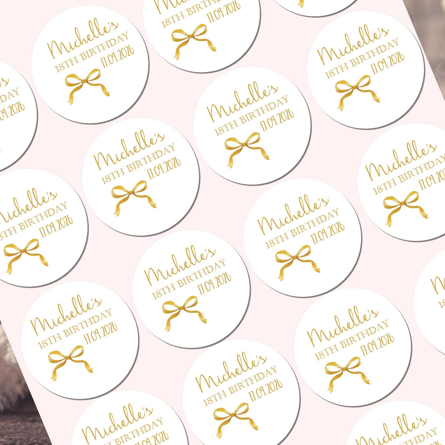 Personalised Birthday Stickers for Favours Party Bags Watercolour bow 16th 18th 21st Any Age