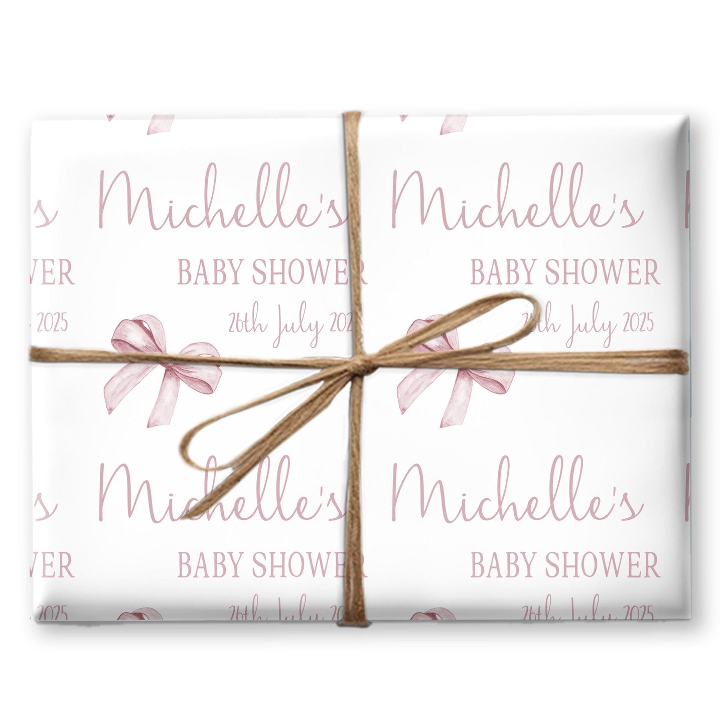 Personalised Baby Shower, New Baby Gift Wrapping Paper Custom Name & Date Watercolour Dusky Pink Bow Design