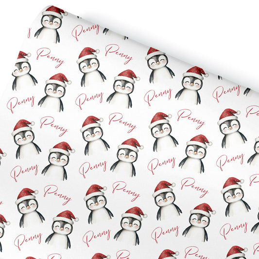Christmas Penguin Gift Wrapping Paper,Personalised Girls or Boys Paper, Childrens Woodland Animal