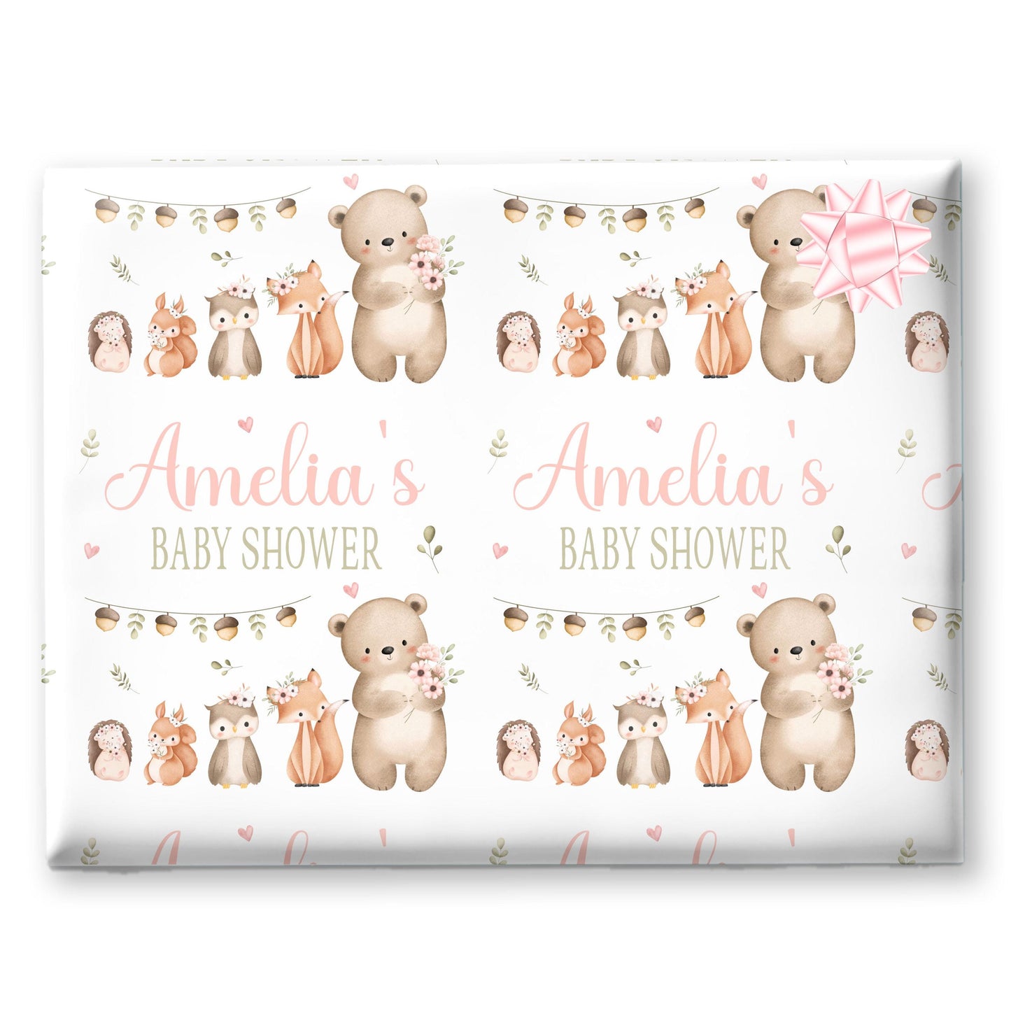 Personalised Baby Shower, New Baby Gift Wrapping Paper Custom Name & Date Watercolour Watercolour Woodland Animals