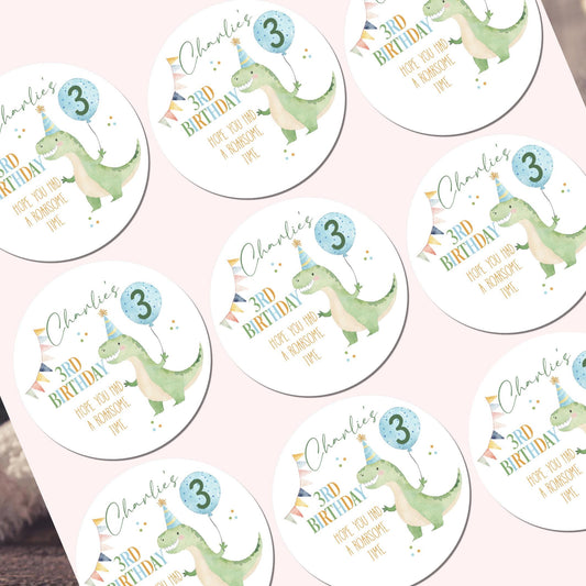 Personalized Dinosaur Birthday Party Stickers, Favor Bag Labels