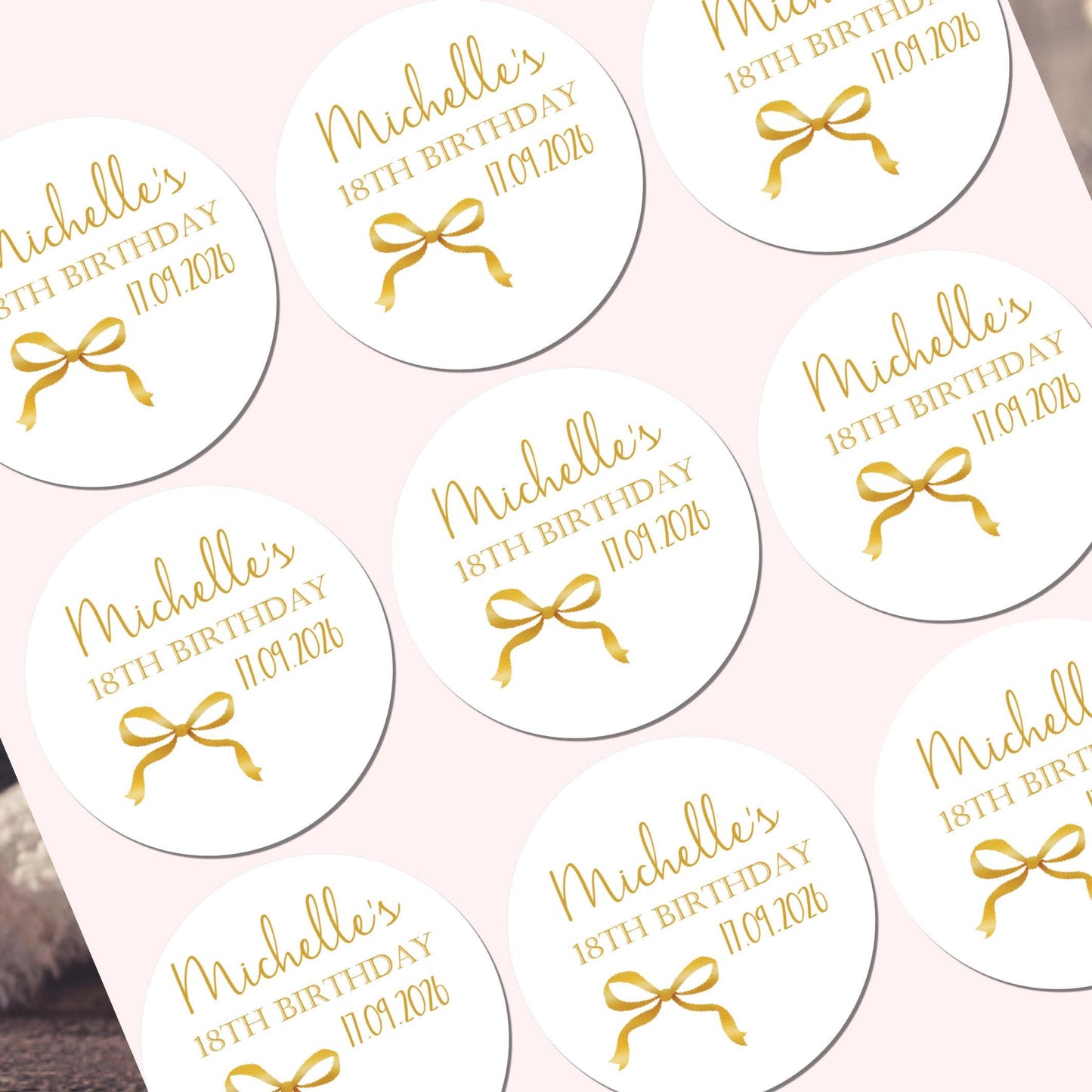 Personalised Birthday Stickers for Favours Party Bags Watercolour bow 16th 18th 21st Any Age