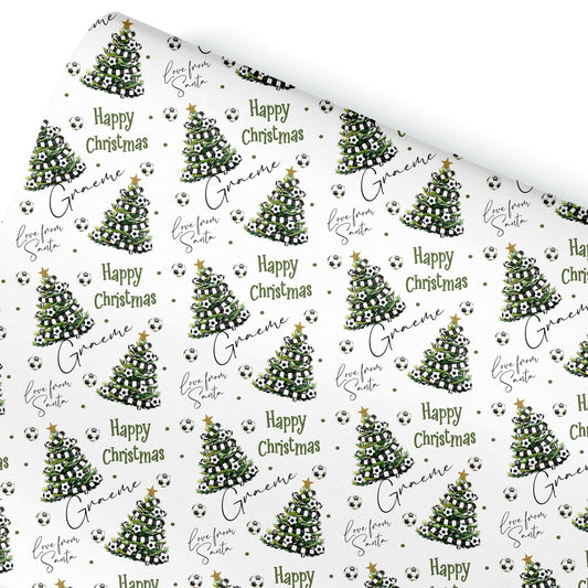 Personalised Christmas Gift Wrap – Football Christmas Tree Design, Footie Black and White Scarf- teenager wrapping paper