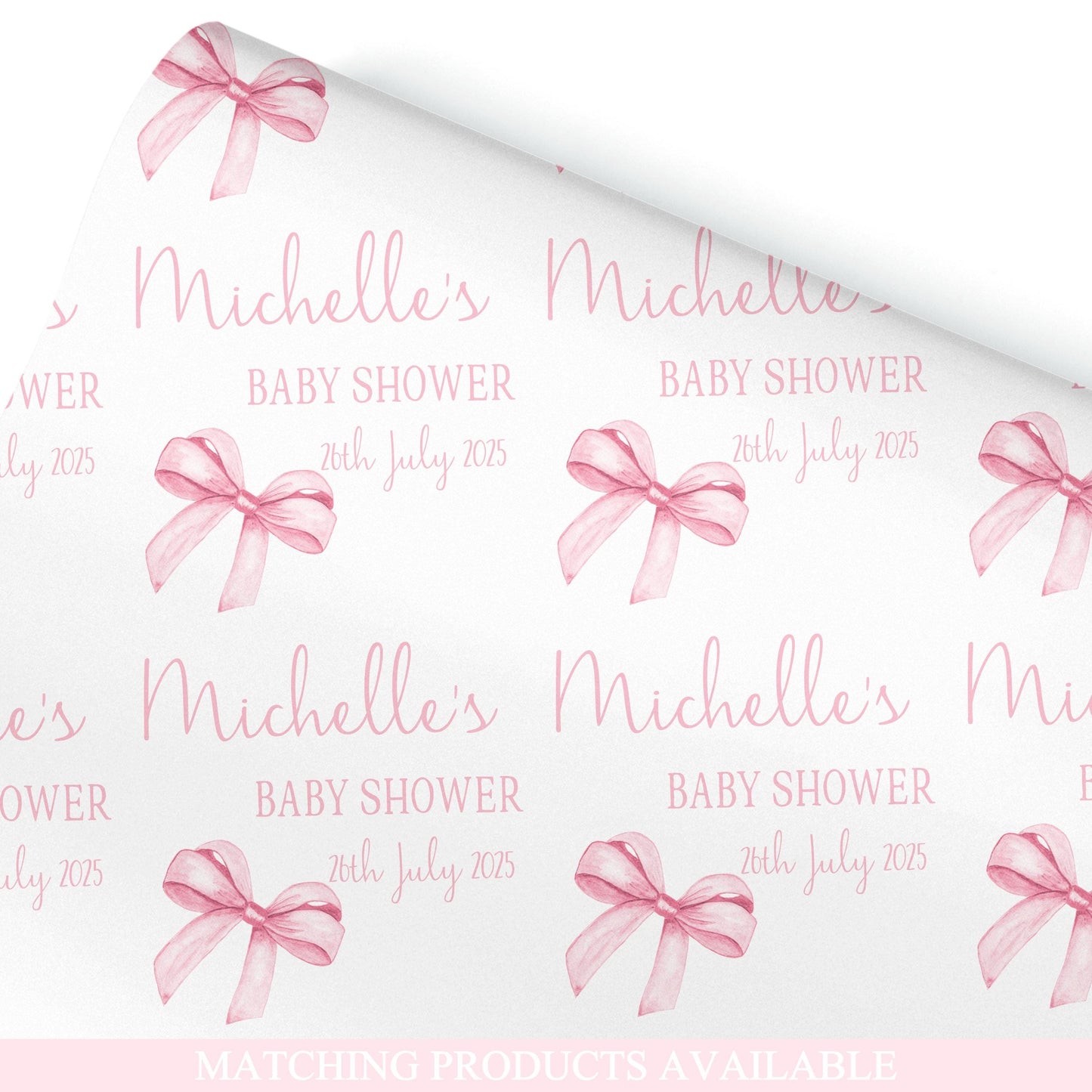 Personalised Baby Shower, New Baby Gift Wrapping Paper Custom Name & Date Watercolour Pink Bow Design