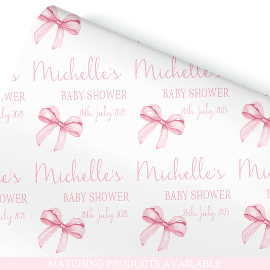 Personalised Baby Shower, New Baby Gift Wrapping Paper Custom Name & Date Watercolour Pink Bow Design