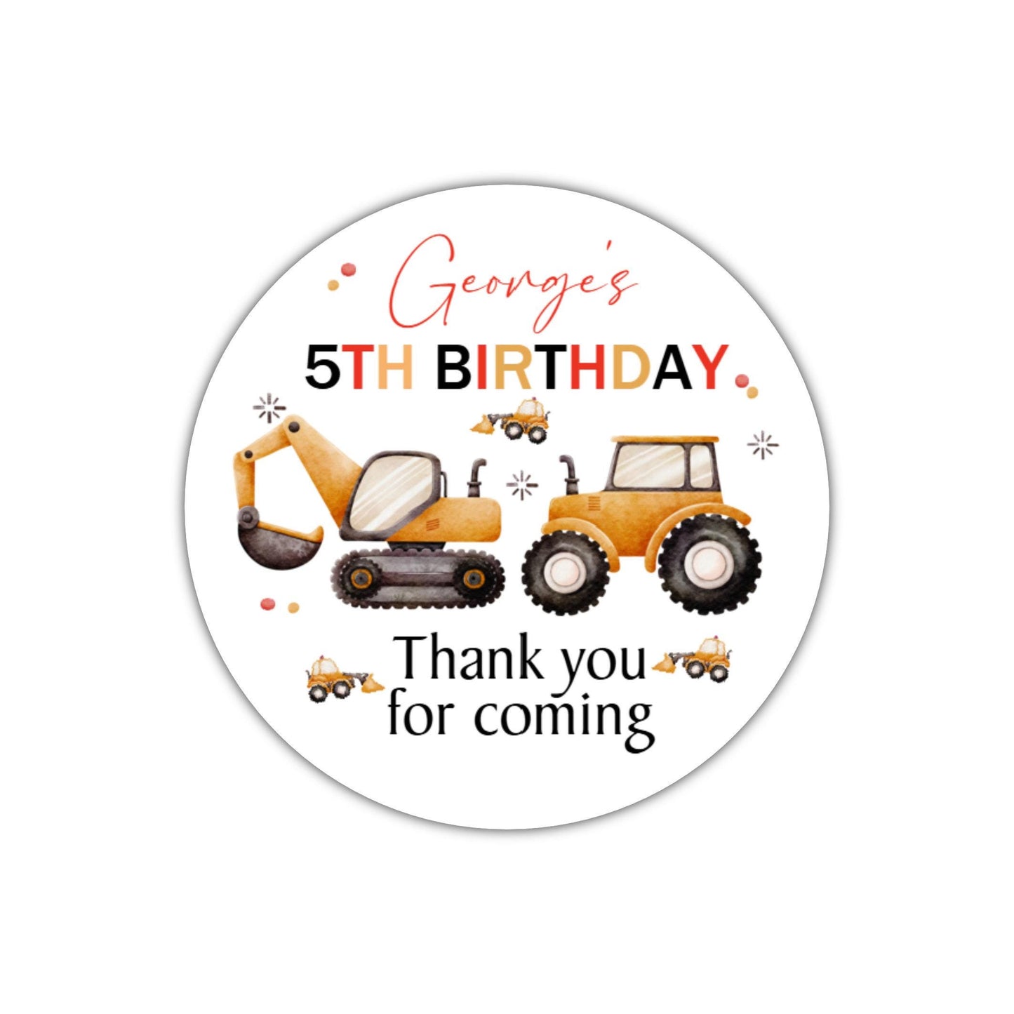 Personalised Digger Construction Party Stickers for Favours Party Bags Boys Girls Trucks Toy Cars