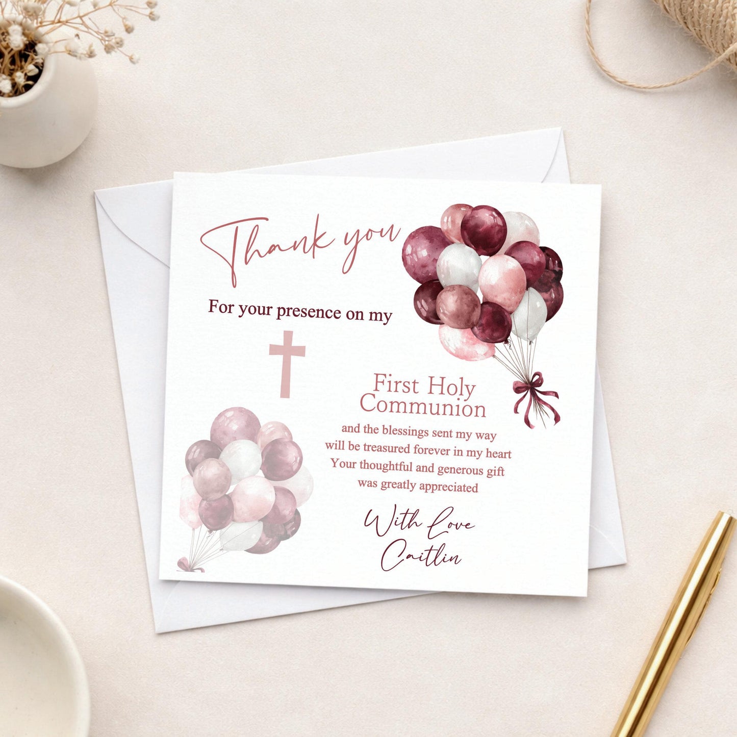 Personalised Holy Communion Thank You Cards, Balloon Design, Includes Envelopes