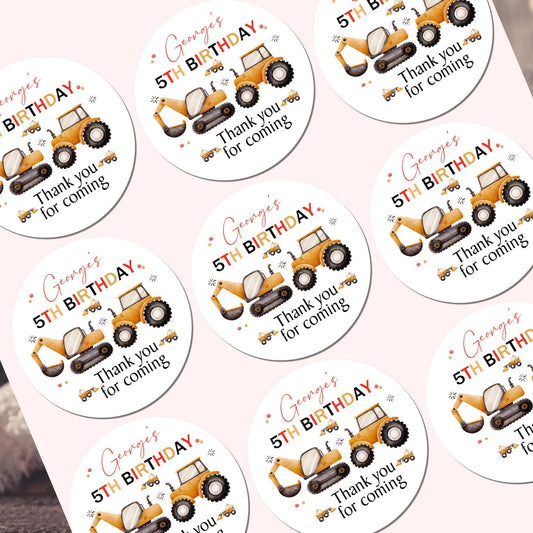 Personalised Digger Construction Party Stickers for Favours Party Bags Boys Girls Trucks Toy Cars