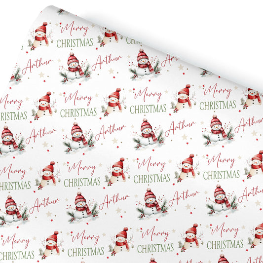 Christmas Snowman Gift Wrapping Paper, Personalised Girls or Boys Paper, Gift Wrap for Her For Him