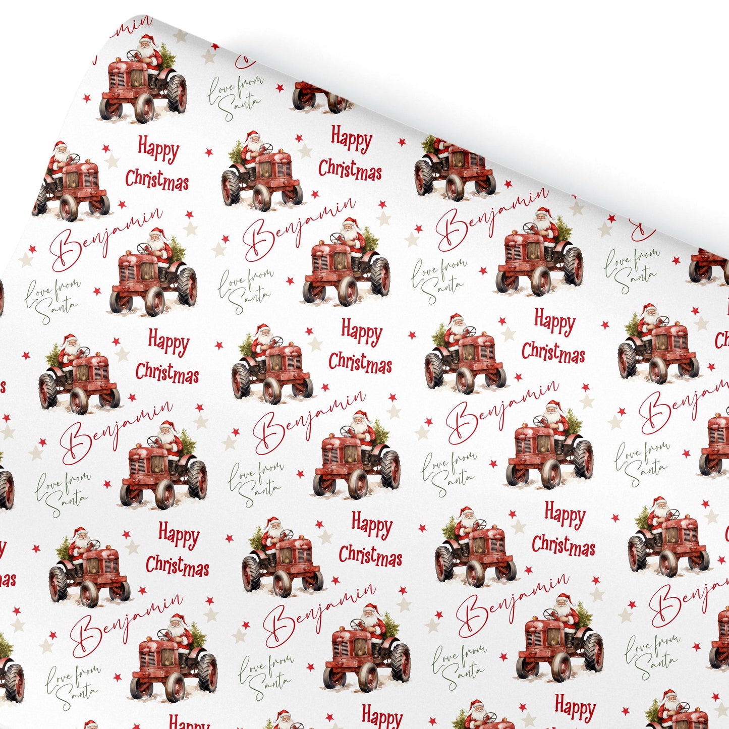Personalised Christmas Gift Wrap – Children’s Santa Claus Tractor Design-Farm Yard Wrapping Paper