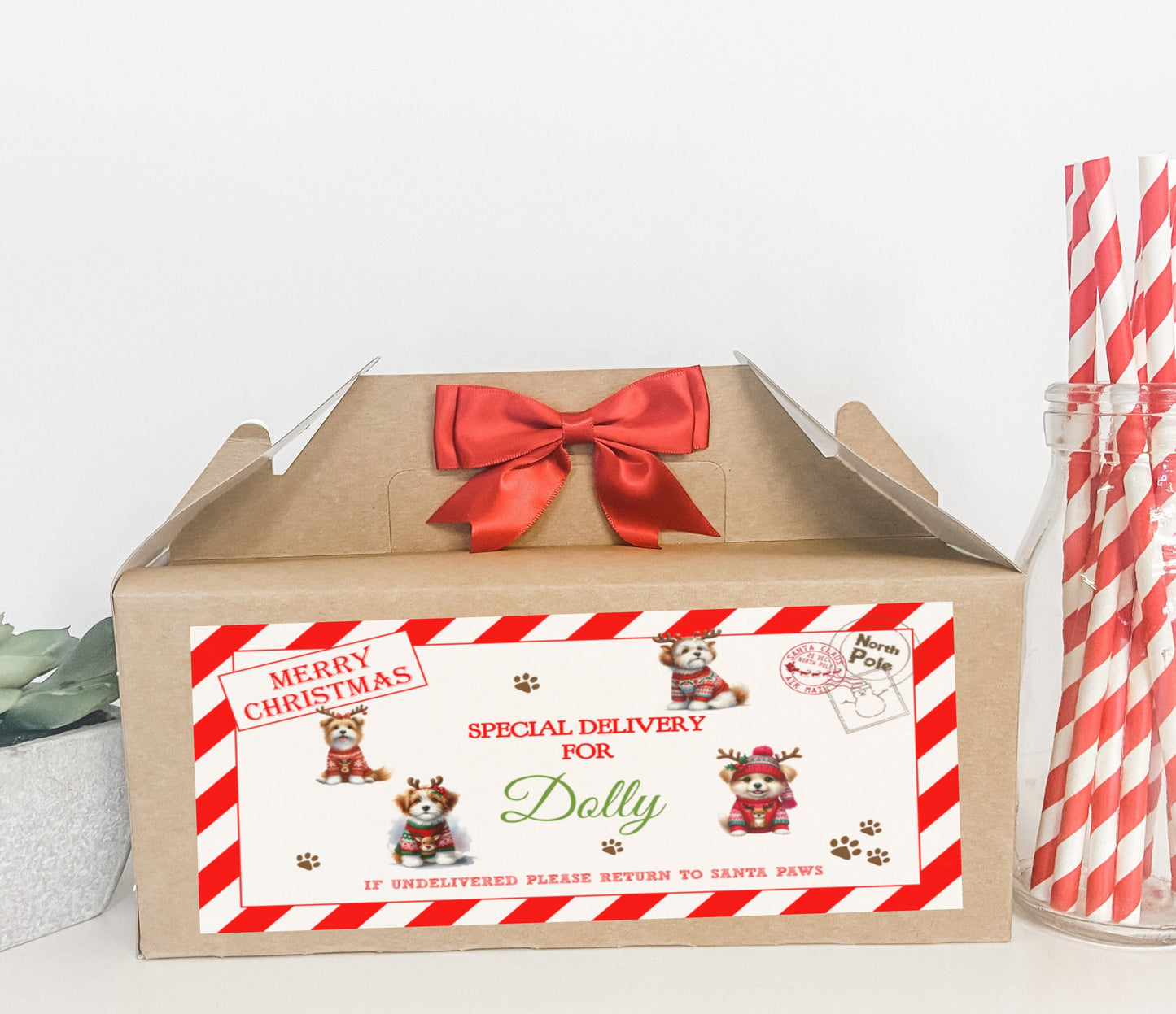 Personalised Christmas Eve Dog Treat Box - Xmas Gift Favour Treat Bag Present Bow - Dog Pet Furry Friend Paws