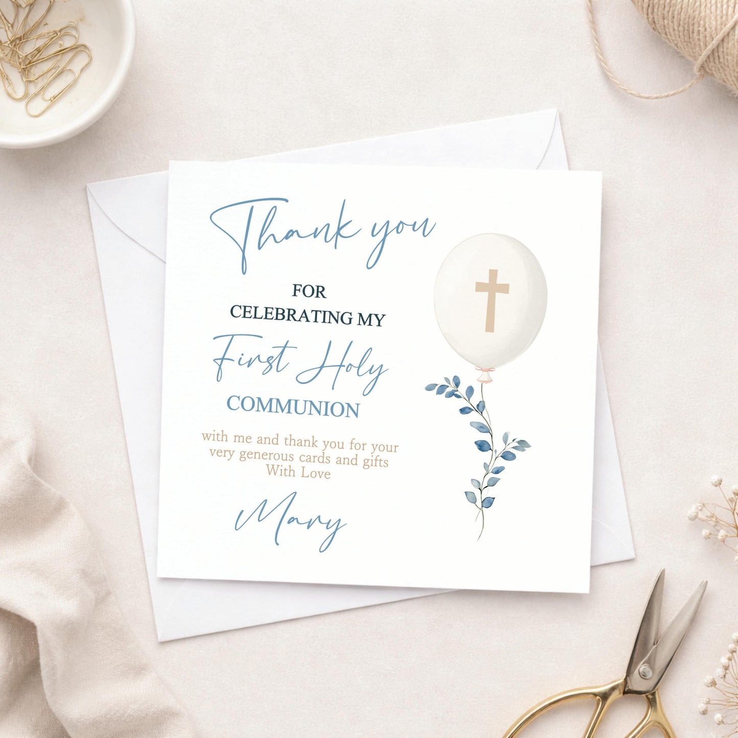 Personalised Holy Communion Thank You Cards, Balloon Design, Includes Envelopes