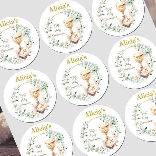 Personalised First Holy Communion Stickers, Party Bag Stickers, Sweet Cone Bags, Christening, Baptism
