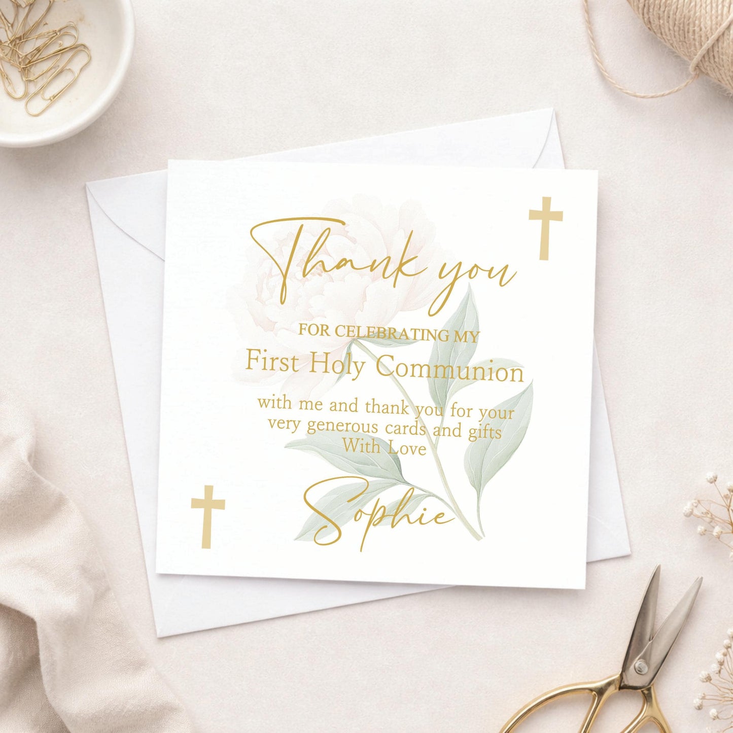 Personalised Holy Communion Thank You Cards, Flower Design, Includes Envelopes