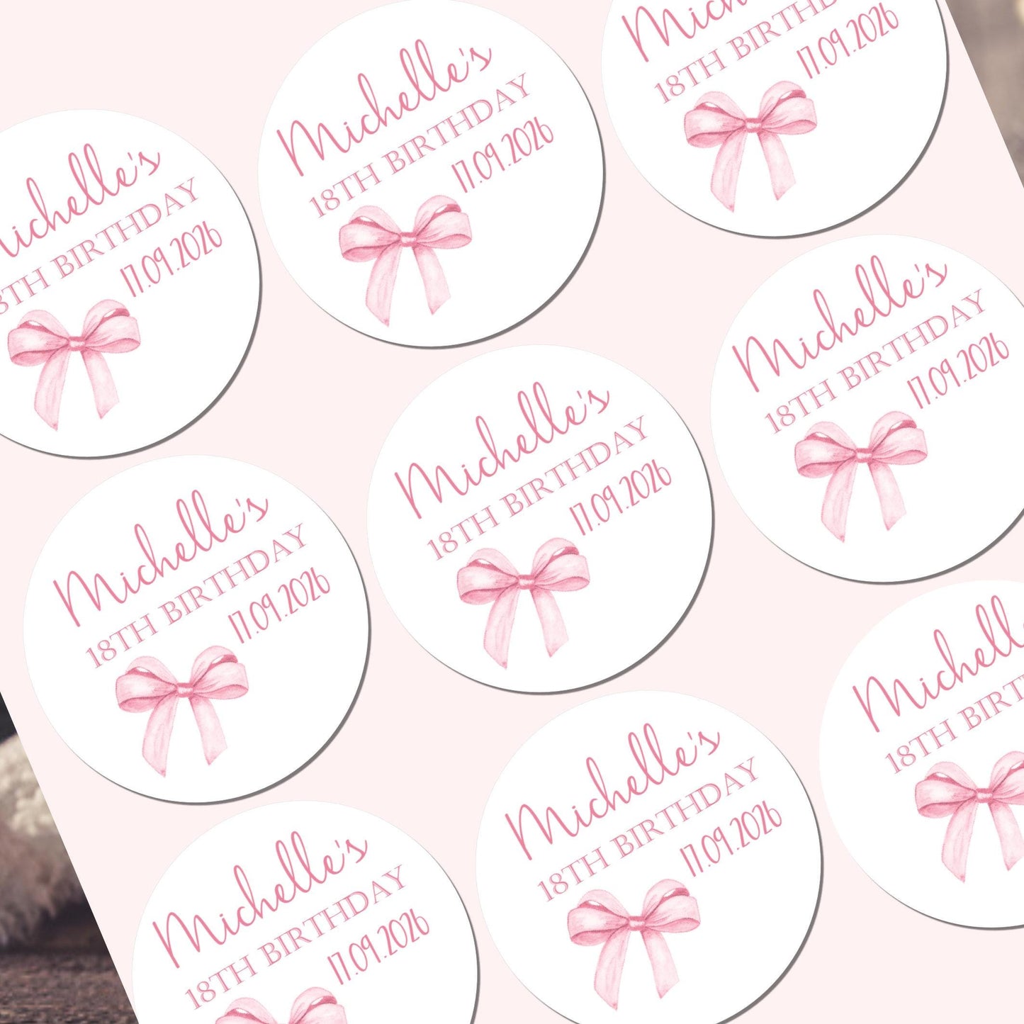 Personalised Birthday Stickers for Favours Party Bags Watercolour bow 16th 18th 21st Any Age