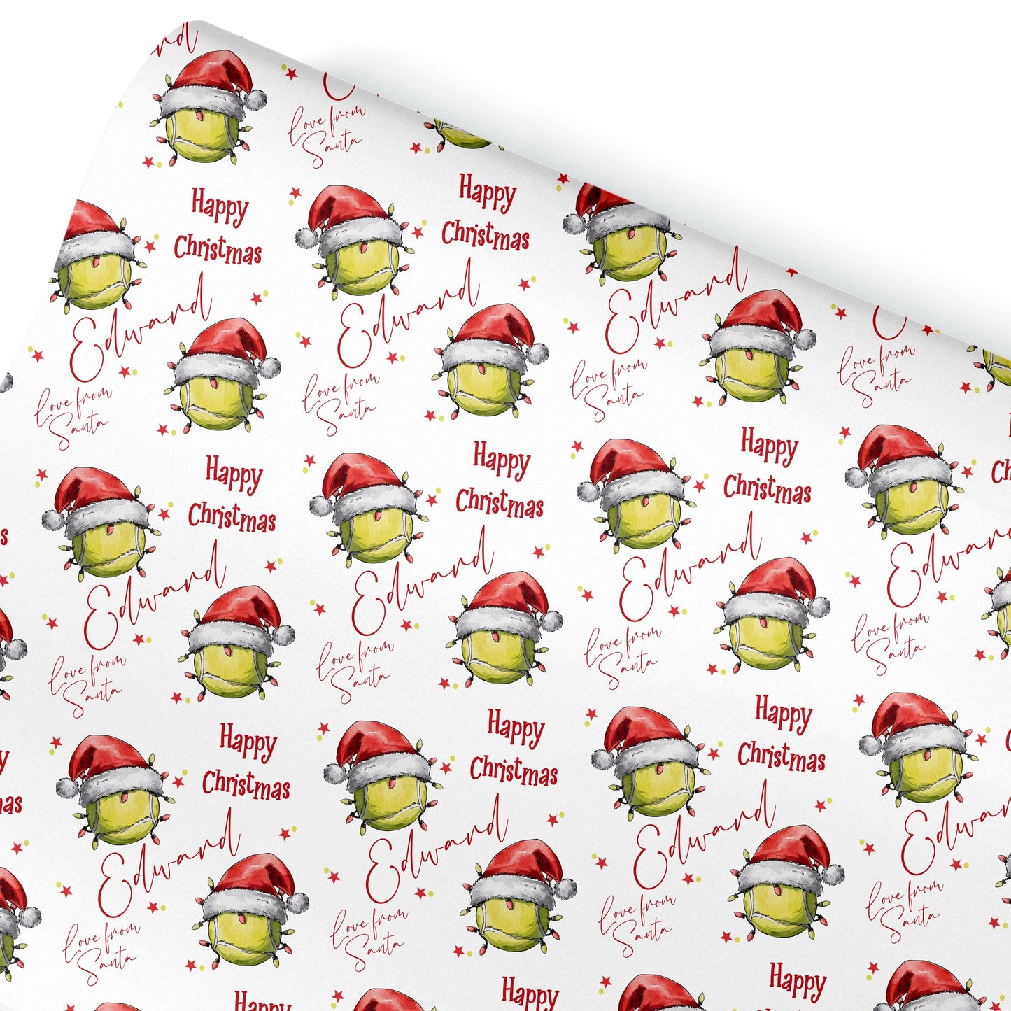 Personalised Christmas Gift Wrap – Tennis Ball Santa Hat Design, Sports Gift Wrapping Paper