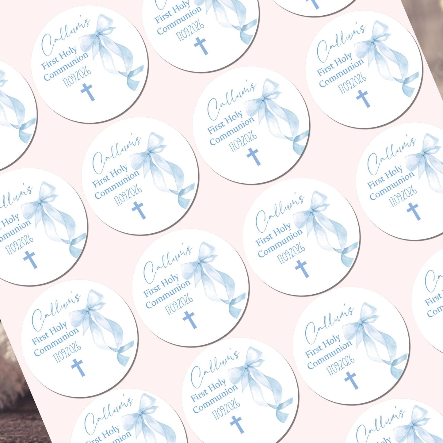 Personalized First Holy Communion Stickers, Pink Bow Party Favors Confirmation Stickers
