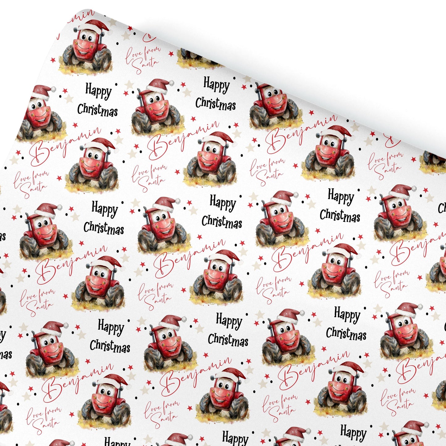 Personalised Christmas Gift Wrap – Children’s Wrapping Paper Fun Red Smiley Face Tractor Design
