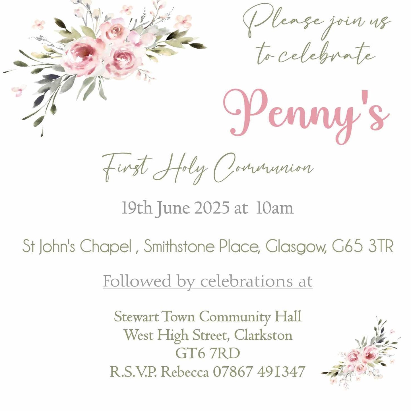 10 Printed Personalised First Holy Communion Invitations, Baptism or Confirmation Party, Girls Pink