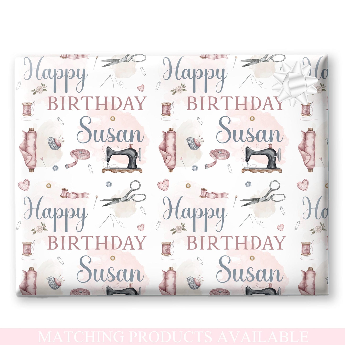 Personalised Sewing Gift Wrapping Paper for Grandma Mum Custom Name & Cute Needle Thread Design