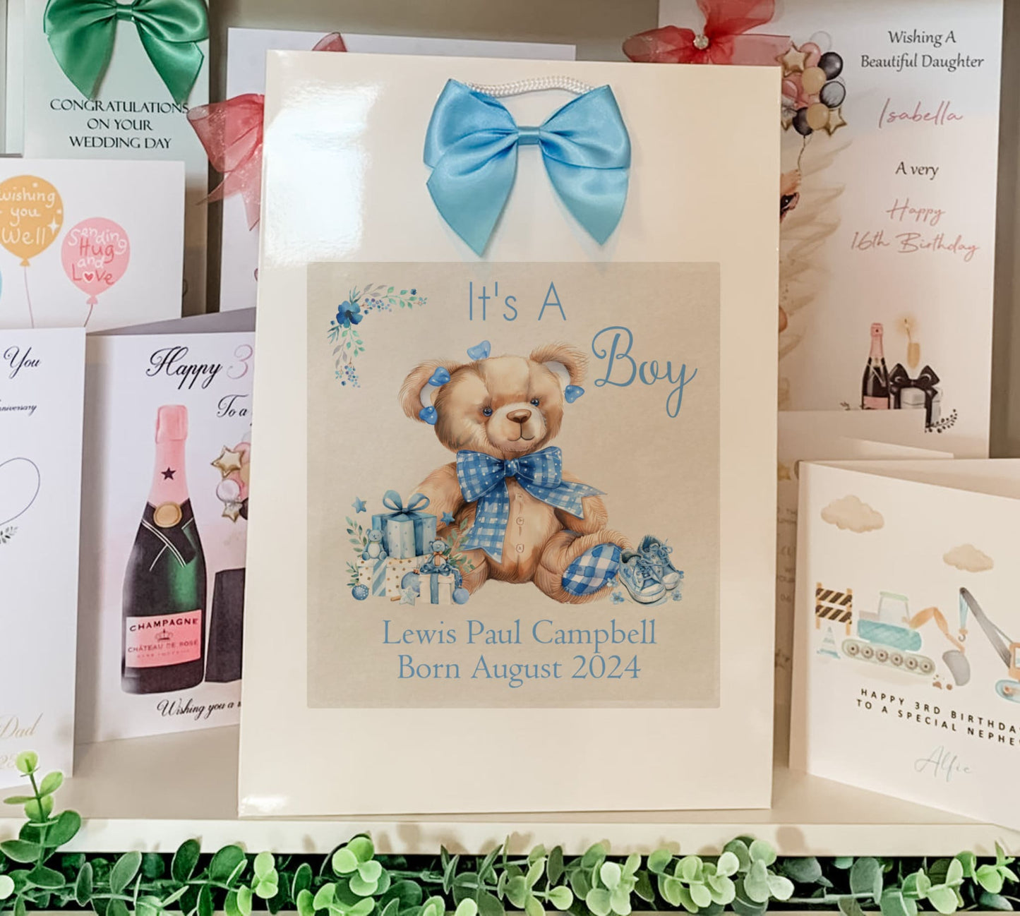 Personalised congratulations new baby boy gift bag watercolour teddy