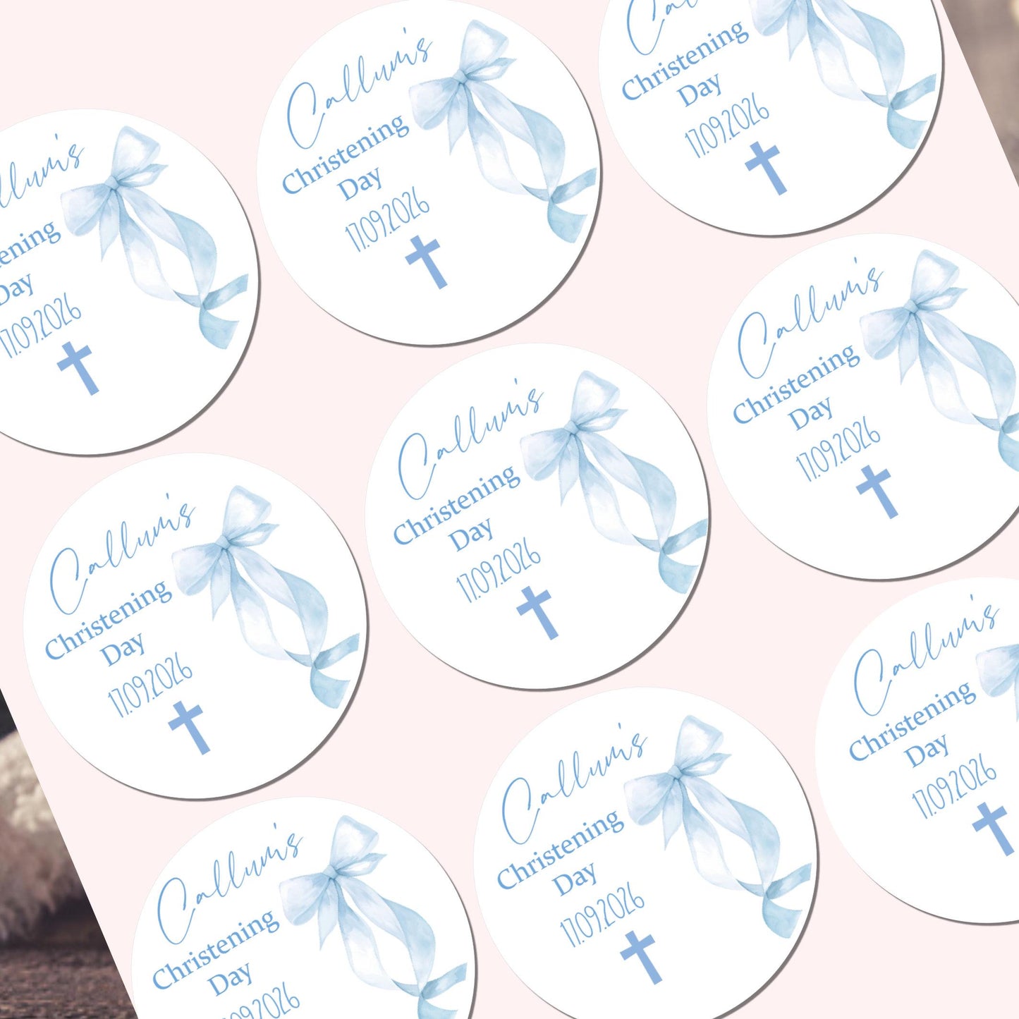 Personalized Christening Stickers, Pink Bow Party Favors Baptism Stickers