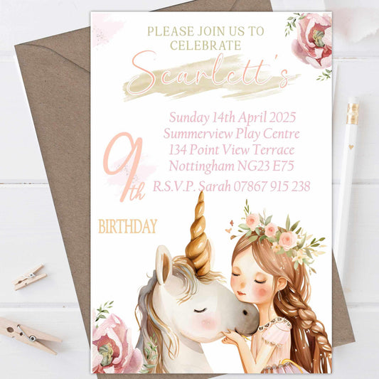 10 Printed Personalised Birthday Party Invitations Princess Unicorn