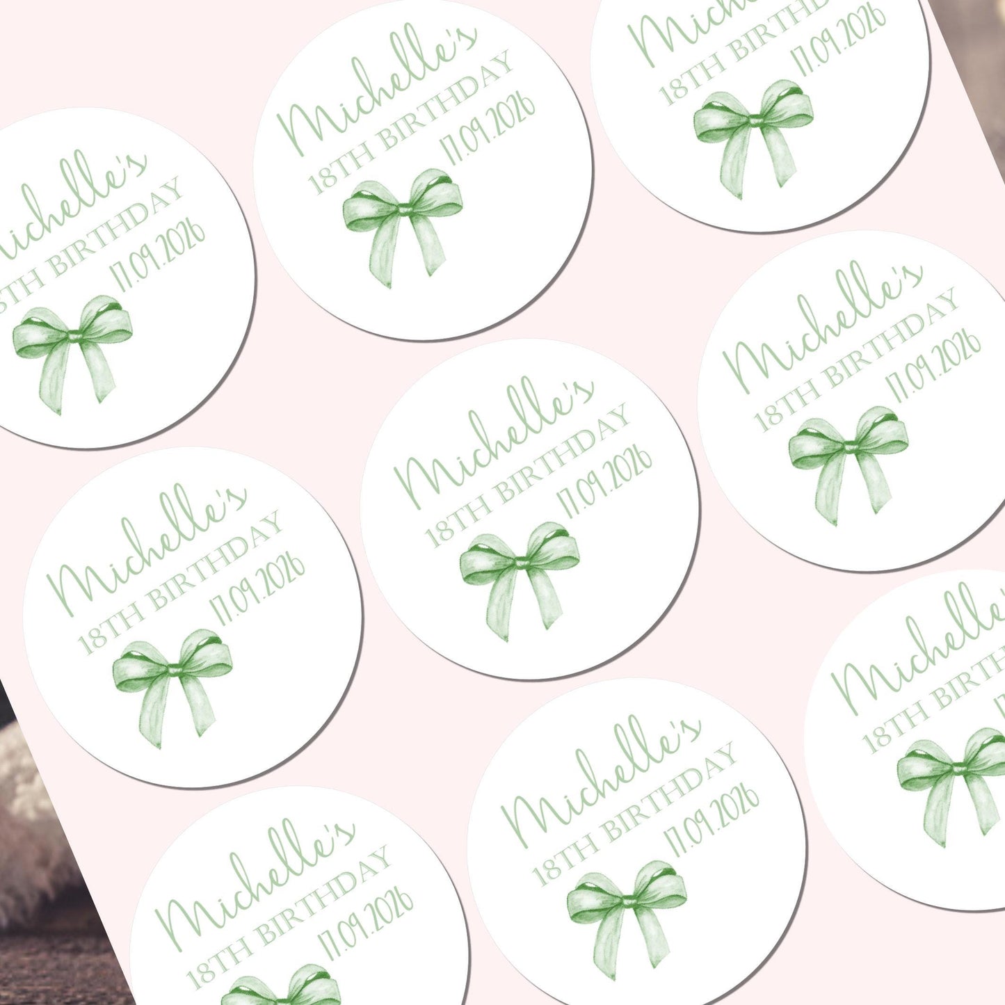 Personalised Birthday Stickers for Favours Party Bags Watercolour bow 16th 18th 21st Any Age