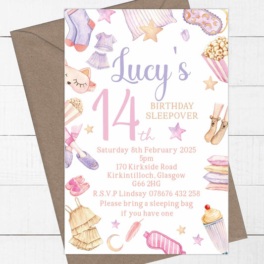 10 Printed Personalised Birthday Party Invitations Sleepover, Girls Slumber Party