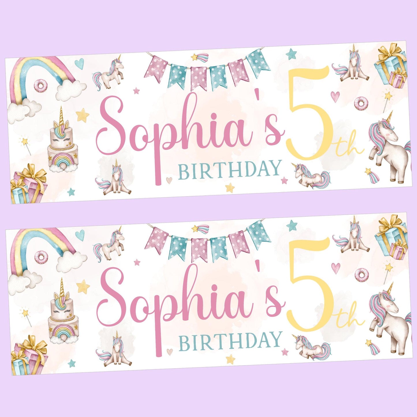 Personalised Happy Birthday Party Banner, Party Decor, Add Name Age, Princess Unicorn Theme