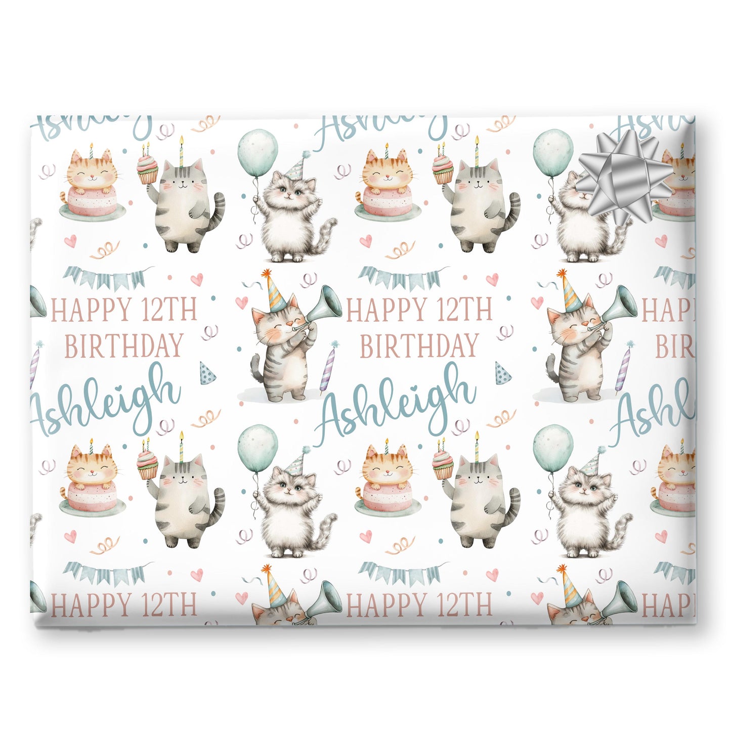 Personalised Gift Wrapping Paper,  Cute Watercolour Cats Party Design, Cat Birthday, Children