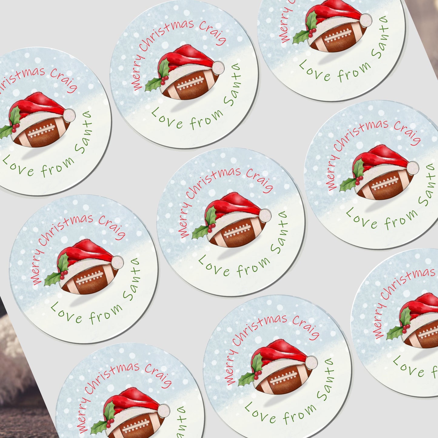Personalised Christmas American Football sticker, Gift Tags, Gift Wrap Present Stickers