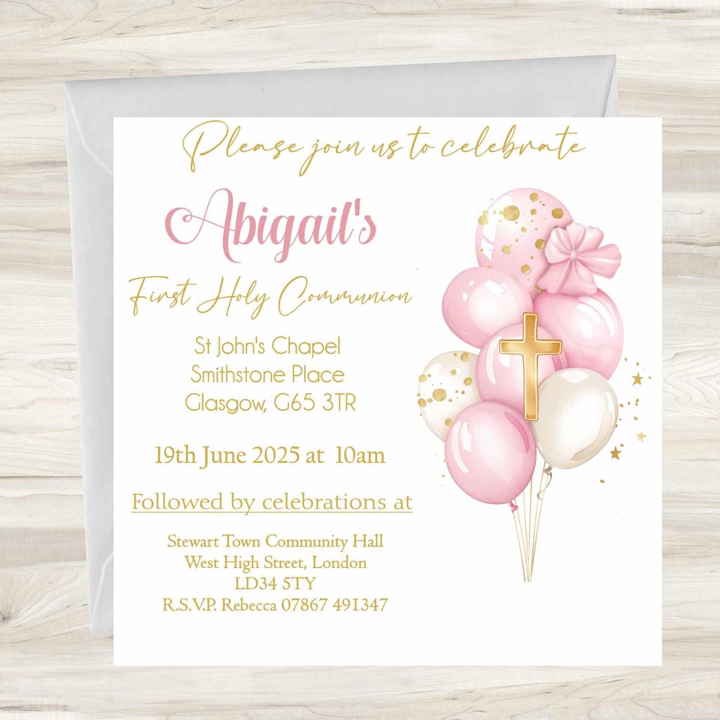 10 Printed Personalised First Holy Communion Invitations, Baptism or Confirmation Party, Girls Pink