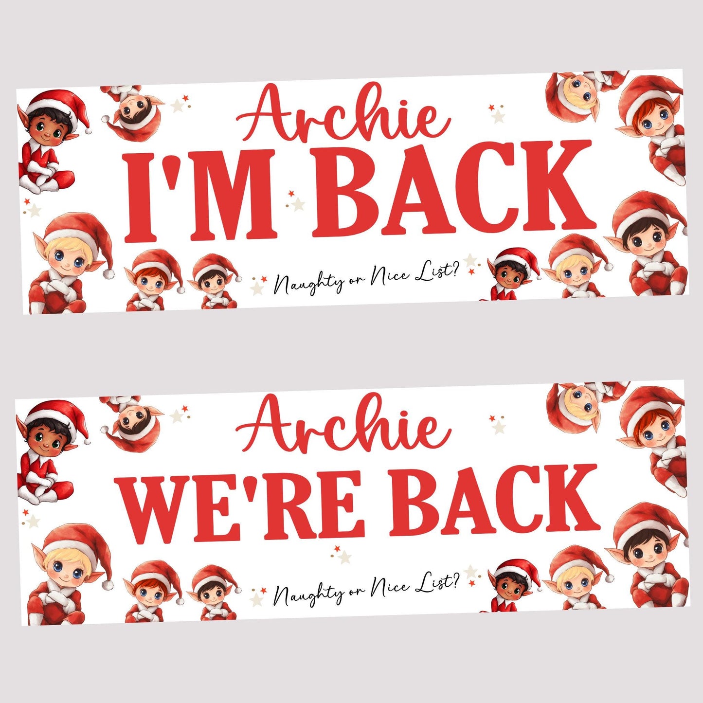Personalised Christmas Elf Arrival Banner – 'I’m Back / We’re Back, Christmas Decoration, Elf Ideas