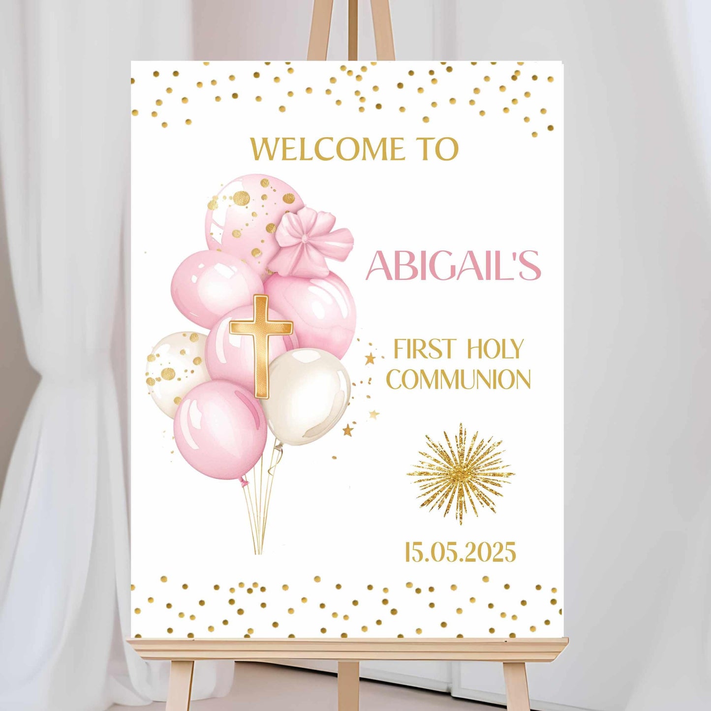 Printed Personalised First Holy Communion Welcome Sign, Custom Baptism & Christening Sign, Pink Balloons Girl