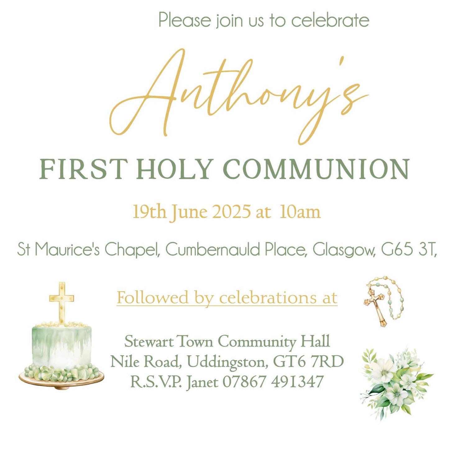 10 Printed Personalised First Holy Communion Invitations, Baptism or Confirmation Party