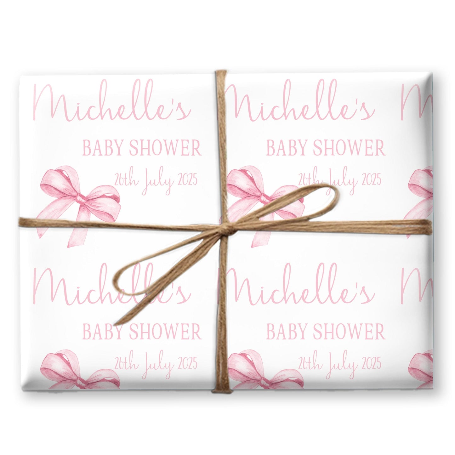 Personalised Baby Shower, New Baby Gift Wrapping Paper Custom Name & Date Watercolour Pink Bow Design