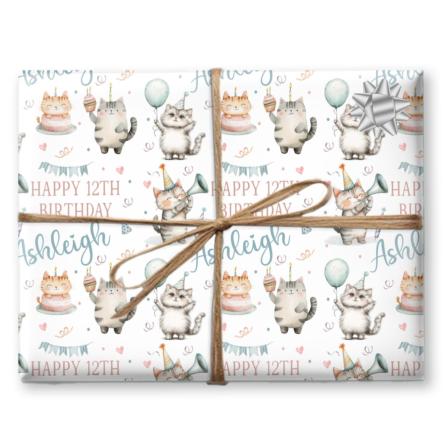 Personalised Gift Wrapping Paper,  Cute Watercolour Cats Party Design, Cat Birthday, Children
