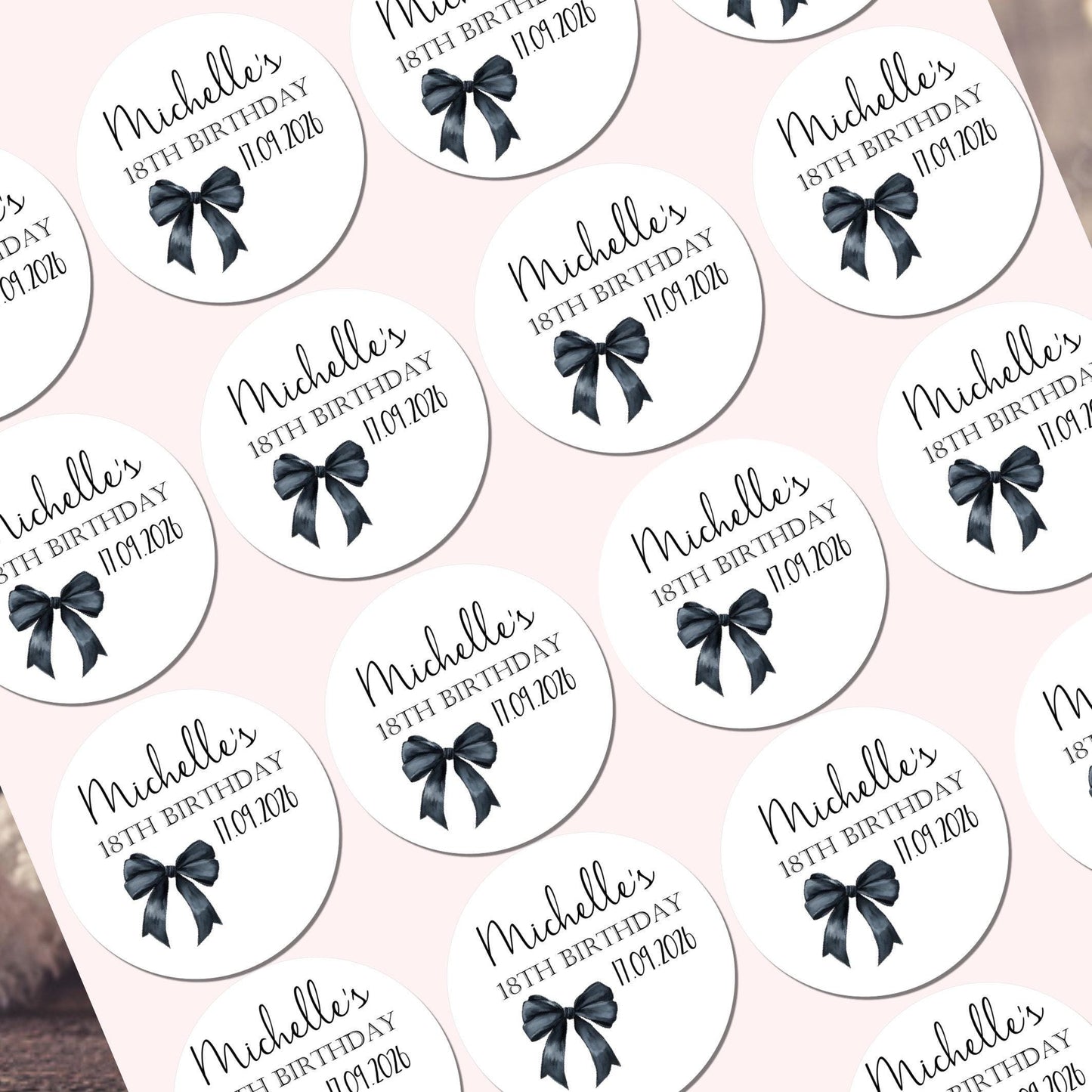Personalised Birthday Stickers for Favours Party Bags Watercolour bow 16th 18th 21st Any Age