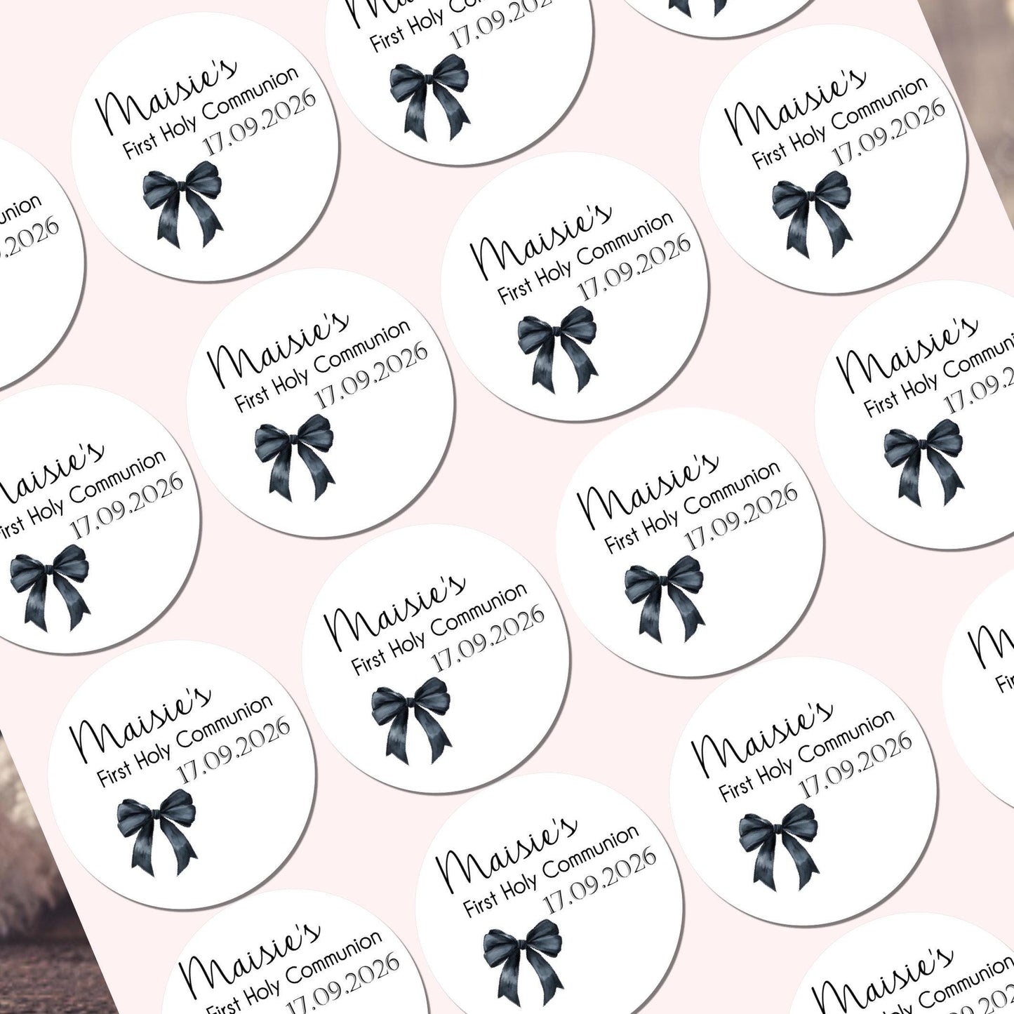 Personalised First Holy Communion Stickers, Black Bow Party Favours , Sweet Cone Bags Party Baptism Christening